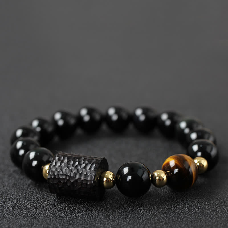 Armband Schwarzer Obsidian Tigerauge Paar – Stärke elastisch Naturstein