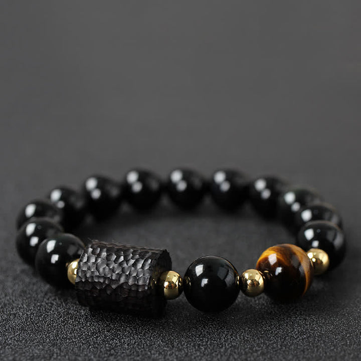 Armband Schwarzer Obsidian Tigerauge Paar – Stärke elastisch Naturstein