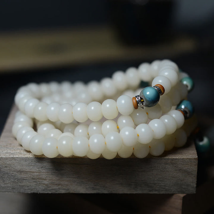 Mala 108 Perlen Bodhi – Ruhe weiße Perlen Armband Naturstein elastisch