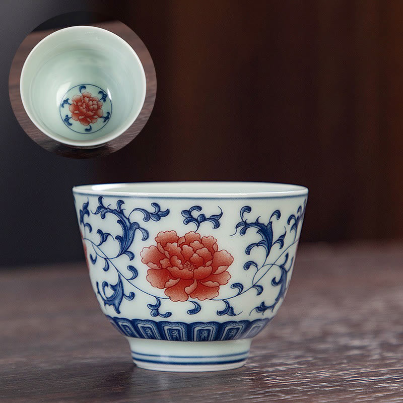 Teetasse Mit Henkel Blaue Landschaft Lotus Katze Rote Lotusblüte
