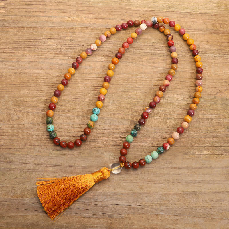 Mala 108 Perlen Mookaite Emotional Halskette mit orangefarbener Quaste Holz