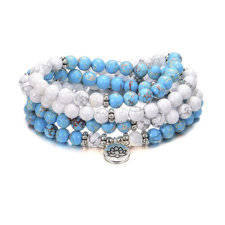 Armband Türkis Lotus – Segen, blau weiß Naturstein elastisch Perlen