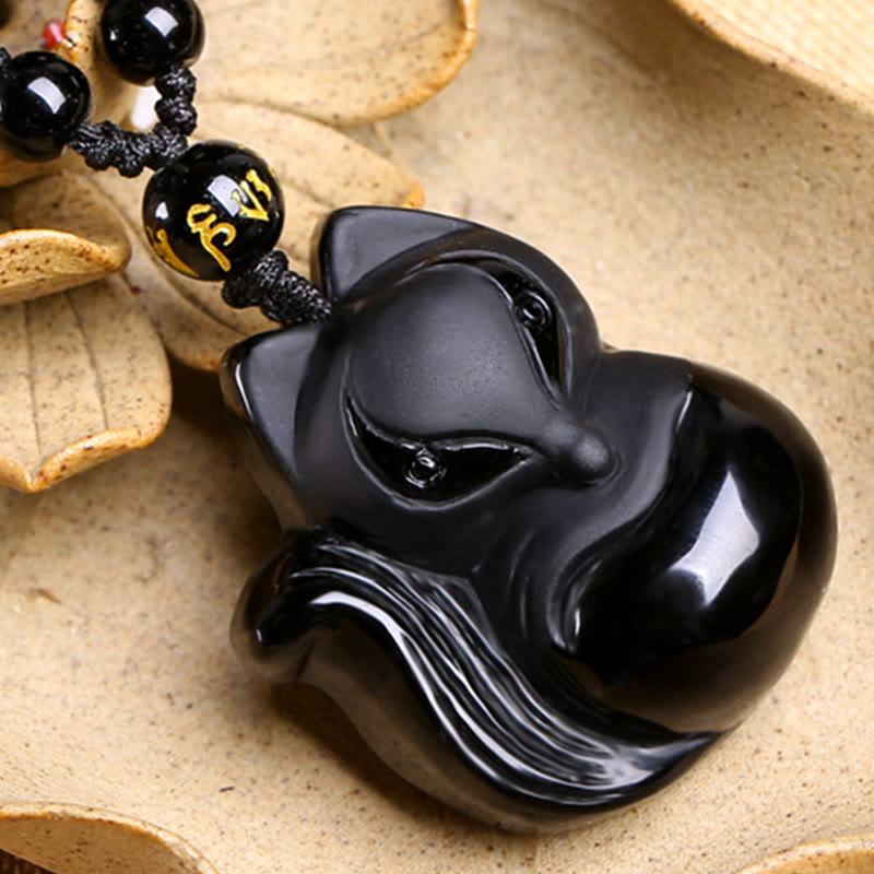 Kette Obsidian Tigerauge Fuchs – Bild 5 – Schwarze Obsidian Kette Fuchs Anhänger Naturstein Tigerauge Perlen