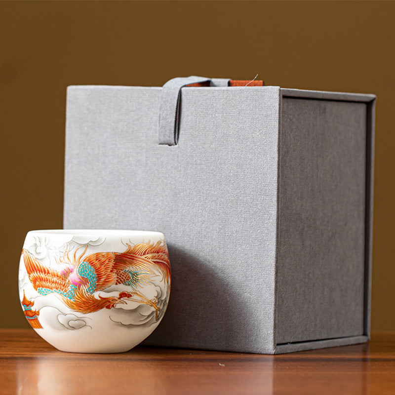 Teetasse Porzellan Drachen Phönix Roter Phönix 130ml Geschenkbox