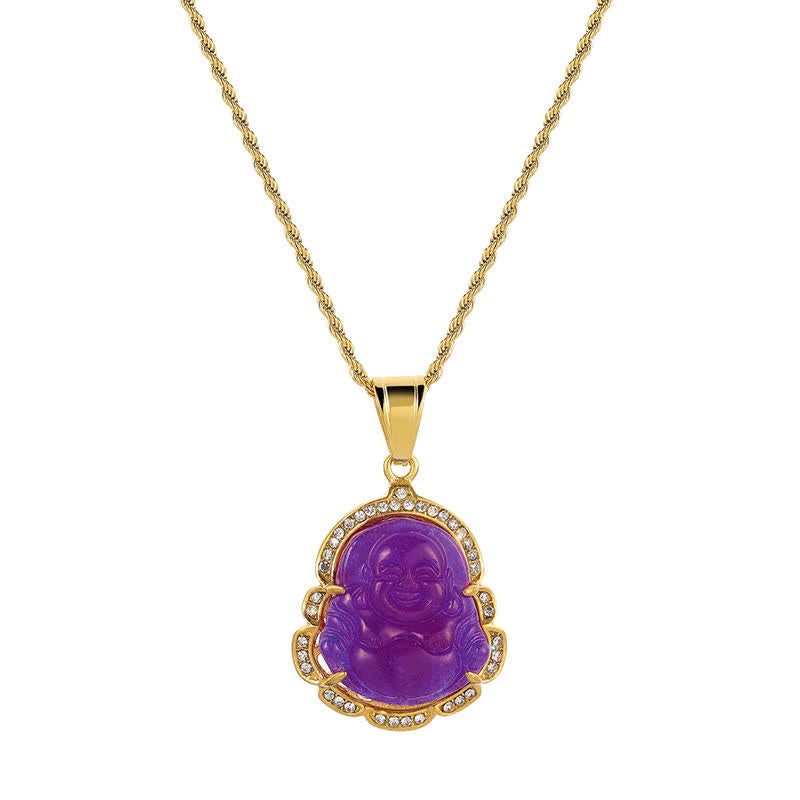 Goldkette mit lila Jade Buddha Lachen Anhänger und Kristallen