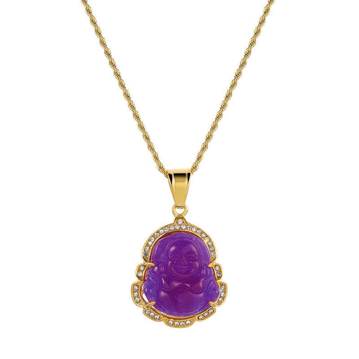 Goldkette mit lila Jade Buddha Lachen Anhänger und Kristallen
