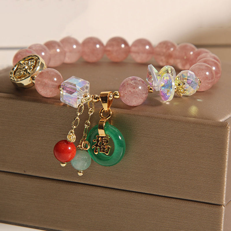 Armband Erdbeerquarz Jade Fu-Zeichen Heilstein mit goldenen Perlen elegant.