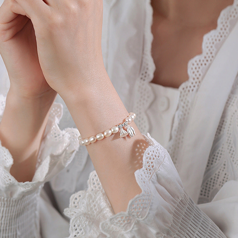 Armband 925 Silber Perle Lotus Heilung elegante weiße Spitze