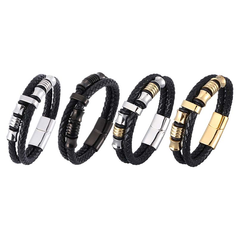 Vier Leder Armbänder Weave schwarze geflochtene Bänder verschiedene Verschlüsse