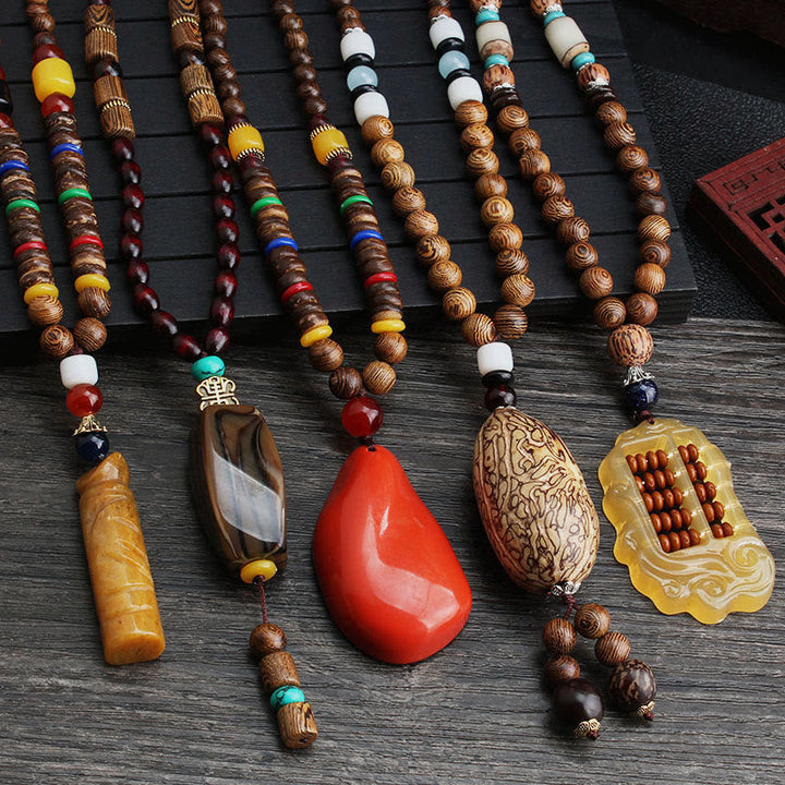 Anhänger Kette Tibetischer Bodhi Achat Harmonie Holzperlen