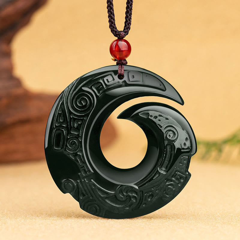Obsidian Kette Anhänger schwarz geschnitzt chinesisch