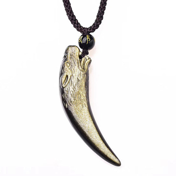 Obsidian Anhänger Kette Wolf Wolfszahn Natur Stärke