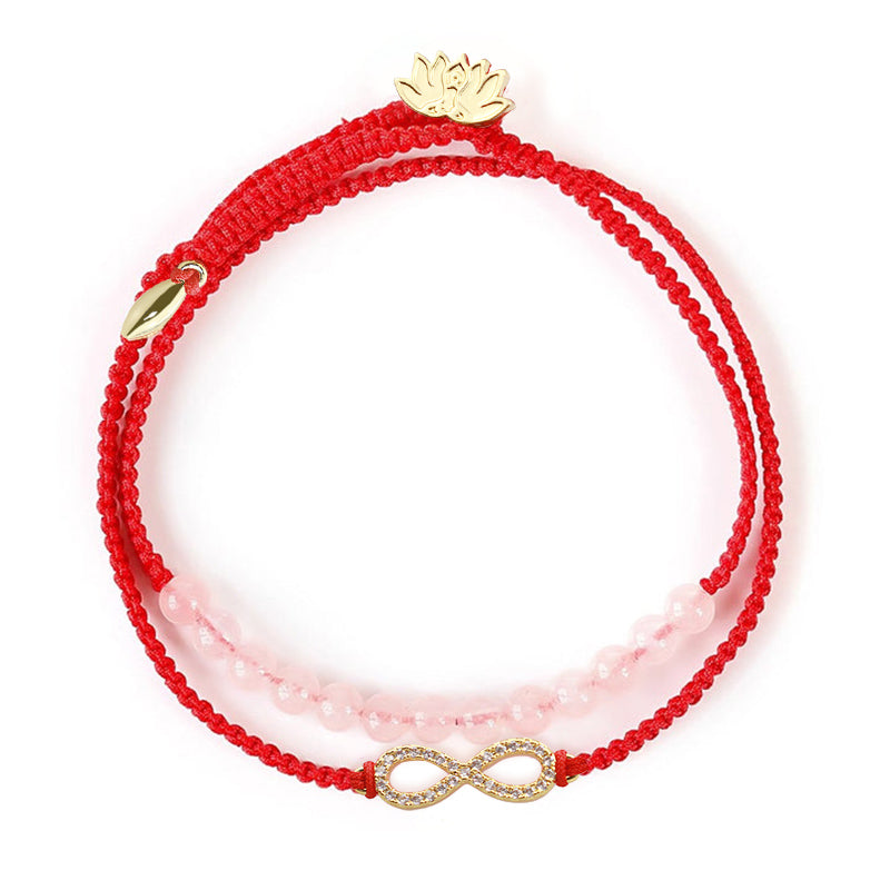 Rotes Armband Kristall Lotus mit rosa Perlen und goldenem Charm