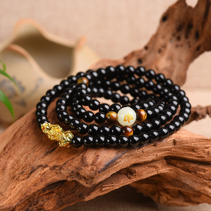 Obsidian Armband Chinesisches Tierkreis schwarze Perlen Goldverschluss Schutz