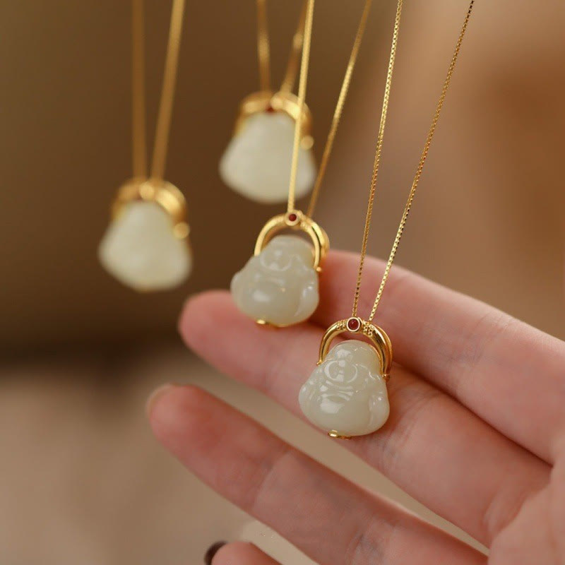 Hetian Jade Kette, Lachender Buddha Anhänger, Glücksbringer, Goldkette, Wohlstands Symbol