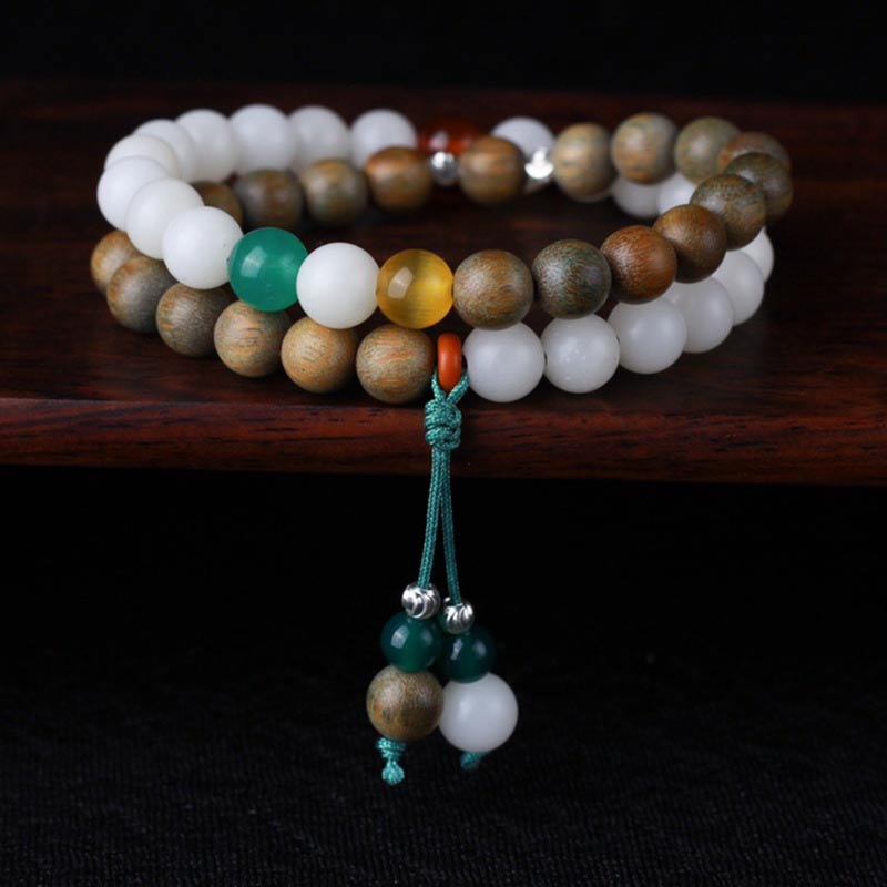 Armband Sandelholz Bodhi – Glück weiße grüne Perlen Holz elastisch
