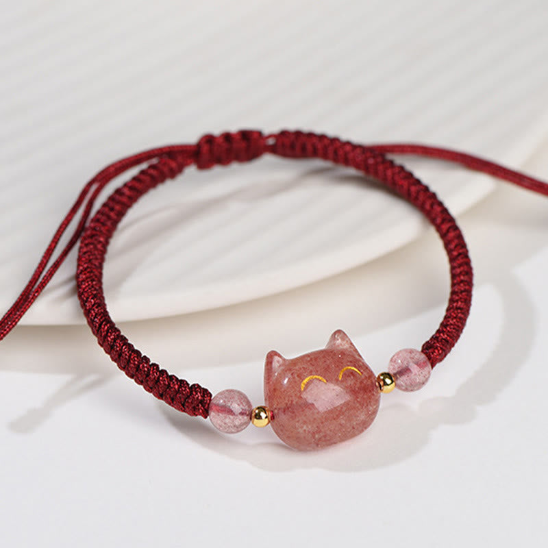 Armband Silber Obsidian Erdbeerquarz Katze – Schutz