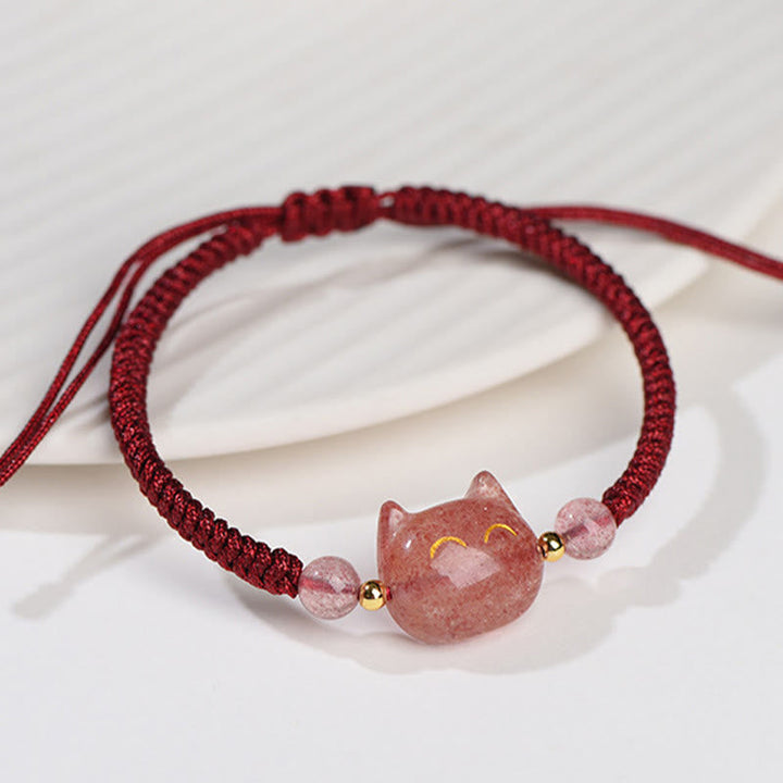 Armband Silber Obsidian Erdbeerquarz Katze – Schutz