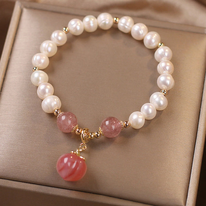 Armband Erdbeerquarz Perle weiß rosa gold elegant elegant Liebe