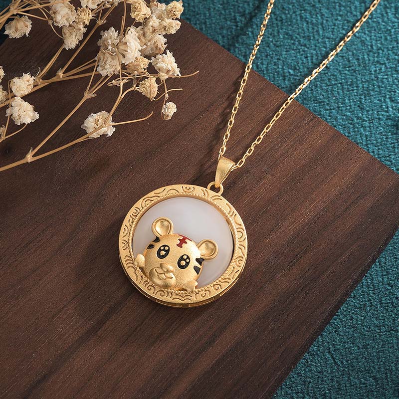 Tibetische Kette Jade Tiger Segen Goldanhänger Glücksbringer