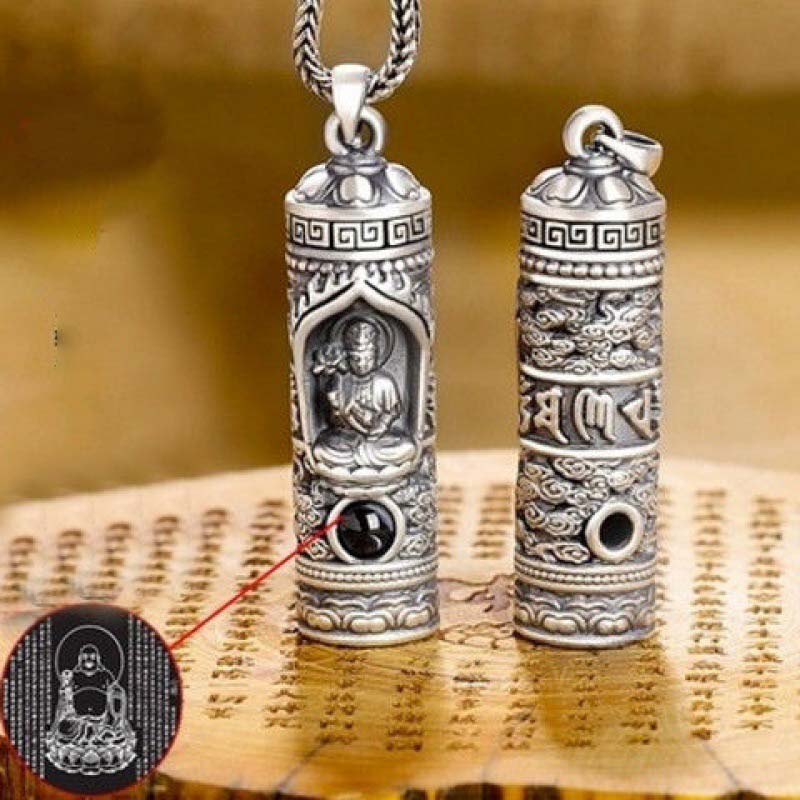 Silber Buddha Anhänger Kette Tibetisch Mantra Zylinder
