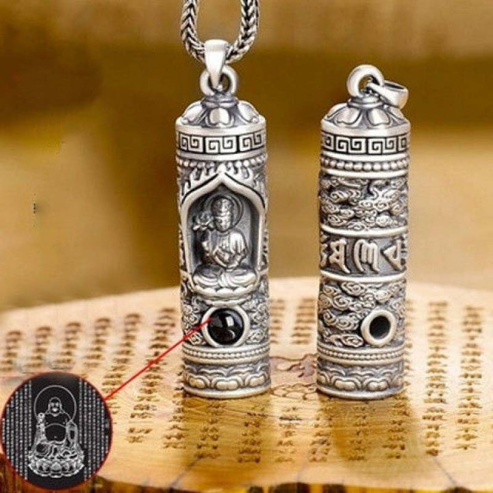 Silber Buddha Anhänger Kette Tibetisch Mantra Zylinder
