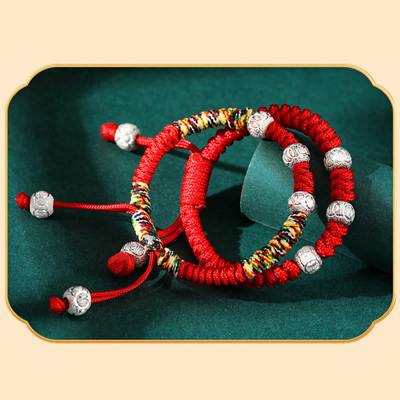 Rote Baumwoll-Armbänder mit Silberperlen elastisch verstellbar Glücksbringer
