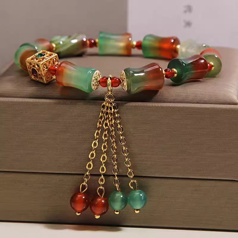 Armband Achat Bambus Mut Quaste Gold Perlen Glück Handgelenk