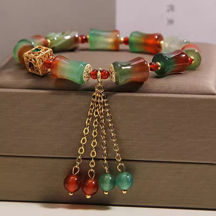 Armband Achat Bambus Mut Quaste Gold Perlen Glück Handgelenk