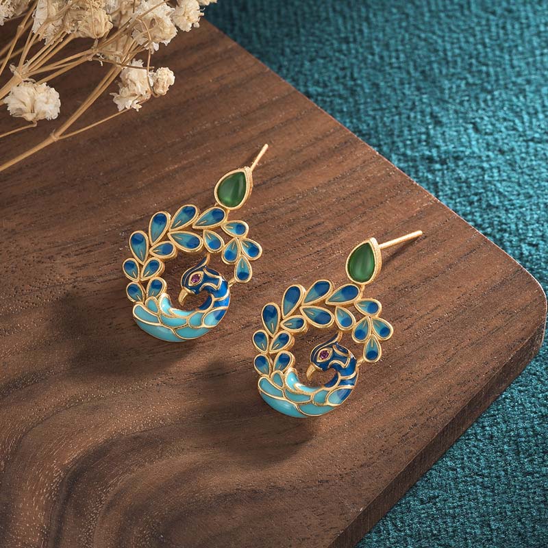 Ohrringe Grüner Achat Pfau blau gold emailliert Boho Schmuck spirituell