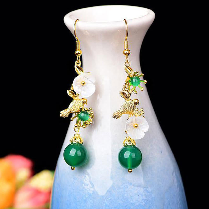 Ohrringe Grüner Achat Blume und Vogel Boho Schmuck spirituell Ohrhänger