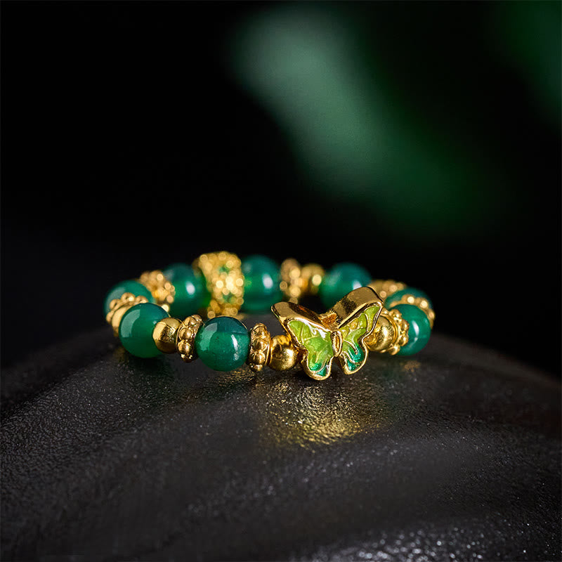 Grüner Achat Ring Kupfer Schmetterling Fengshui Symbol Glück Schutz
