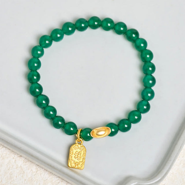 Armband Achat Fu-Zeichen grüne Perlen goldener Anhänger Glück Wohlstand Handgelenk