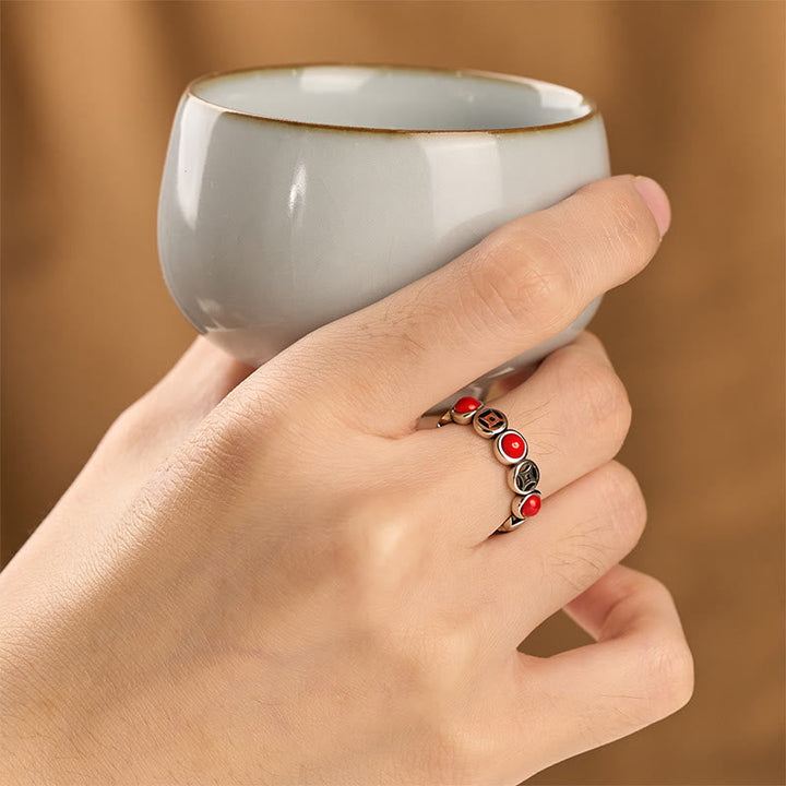 Roter Achat Ring mit Kupfermünze Jade Feng Shui Glück Wohlstand