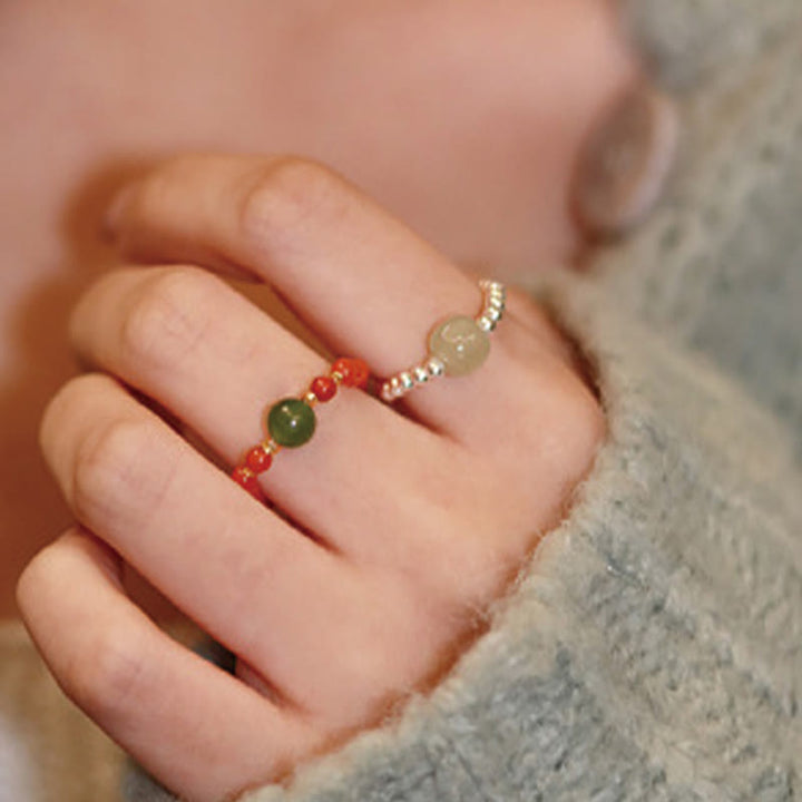 925er Silber Ring mit Hetian Jade Achat Perlen Wohlstand Glück