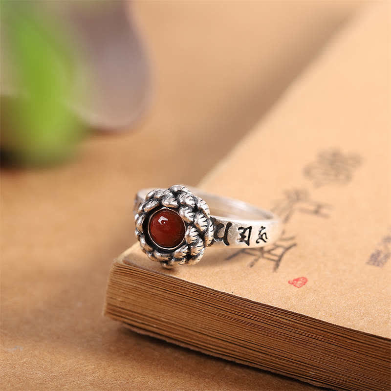 925 Silber Ring Achat Lotus roter Stein spirituelles Schmuckstück Fengshui