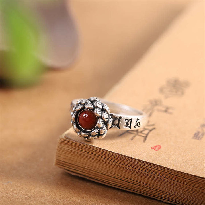 925 Silber Ring Achat Lotus roter Stein spirituelles Schmuckstück Fengshui