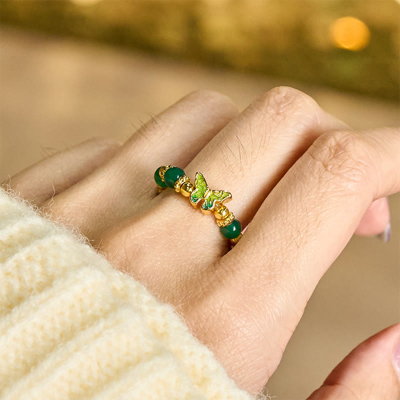 Kupfer Ring Grüner Achat Schmetterling getragen Fengshui Schutz Glück Fingerring