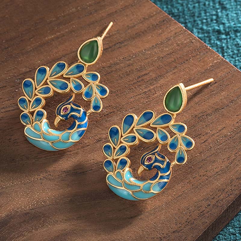 Ohrringe Grüner Achat Pfau blau gold Emaille Boho Schmuck spirituell