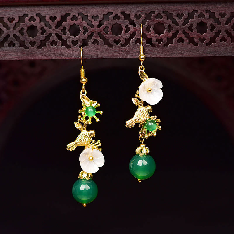 Ohrringe Grüner Achat Blume und Vogel goldfarben Boho Schmuck spirituell