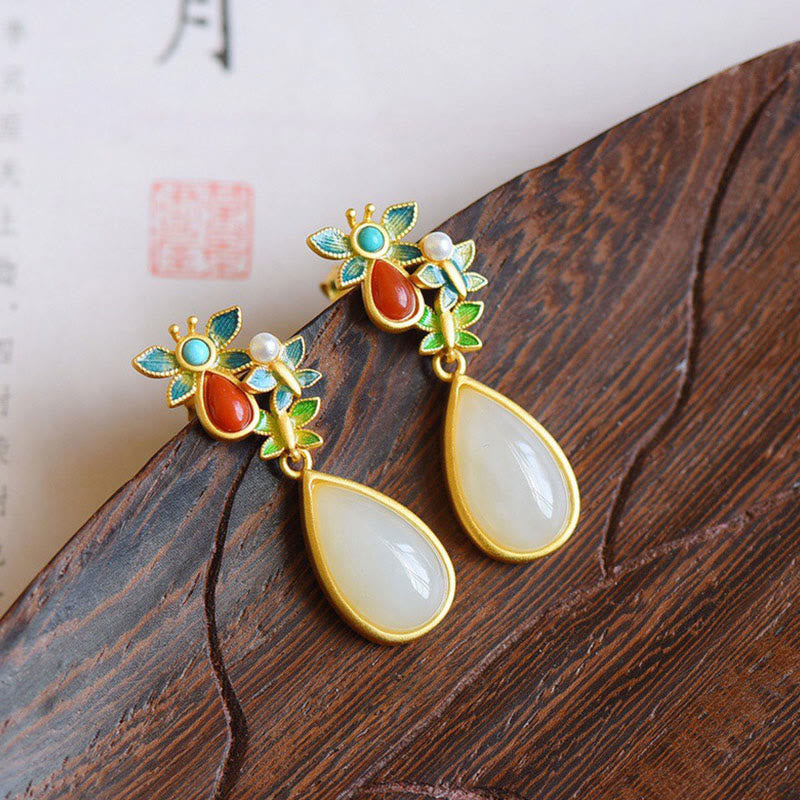 Ohrringe Jade Achat Schmetterling goldfarben Tropfen Boho Schmuck spirituell Ohrhänger