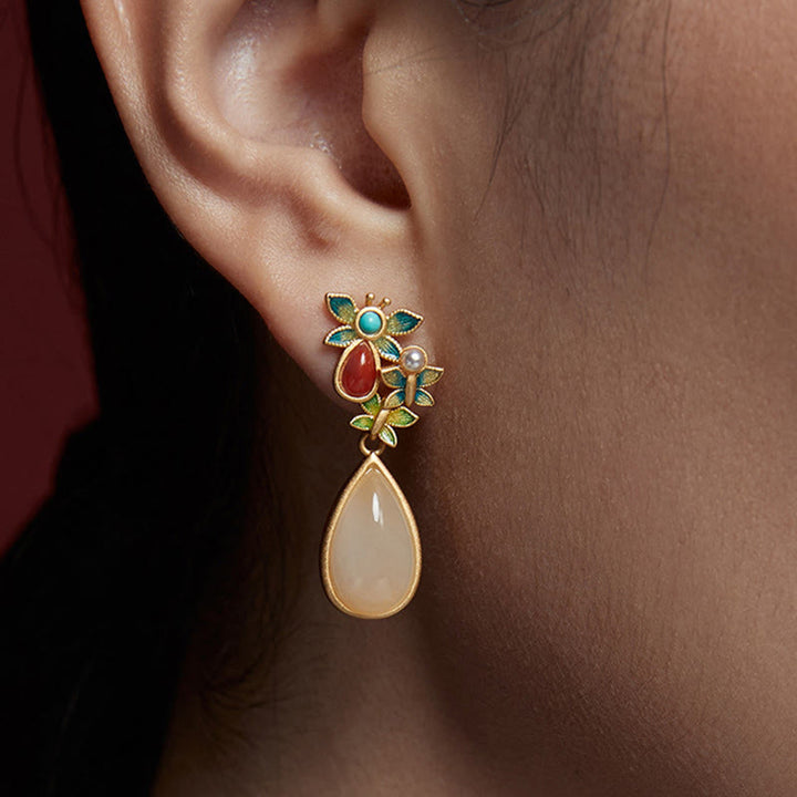 Ohrringe Jade Achat Schmetterling getragen Ohr Boho Schmuck spirituell