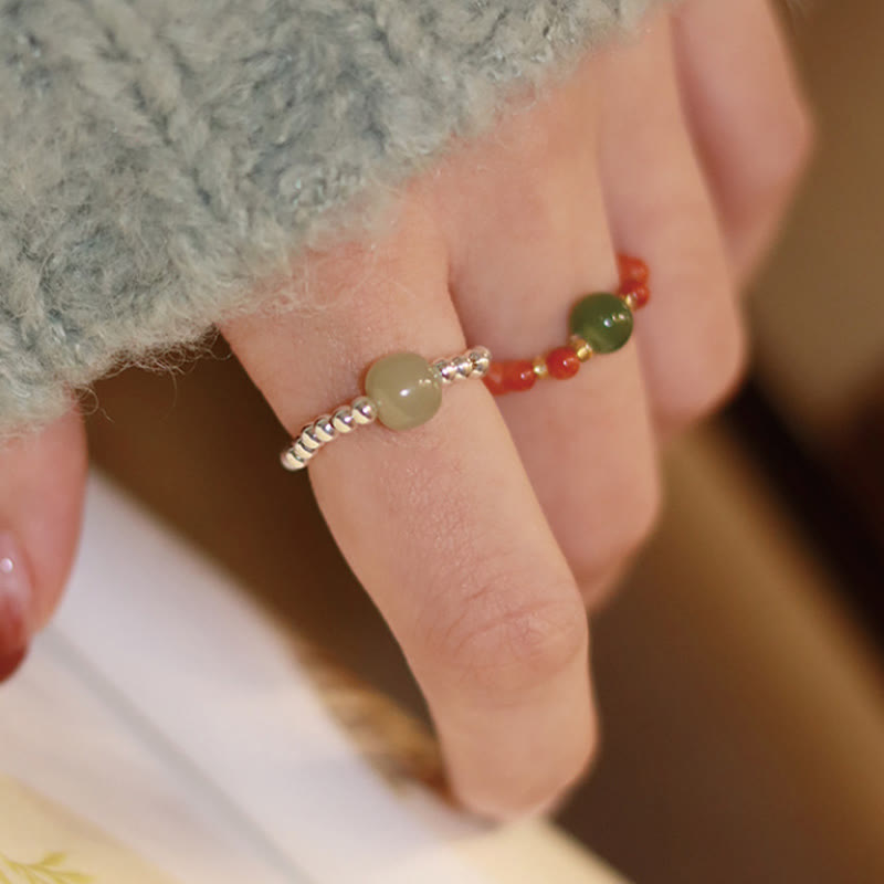 Silberner Ring 925 Jade Achat Perlen für Wohlstand Glück und Schutz