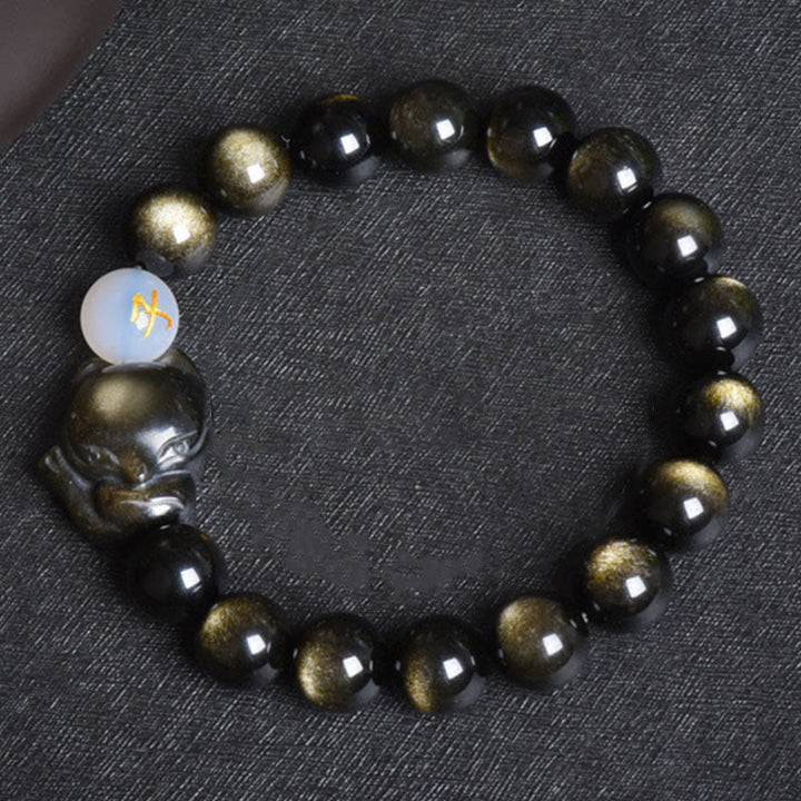 Obsidian Armband Silber Fuchs Heilung schwarze Perlen Naturstein elastisch