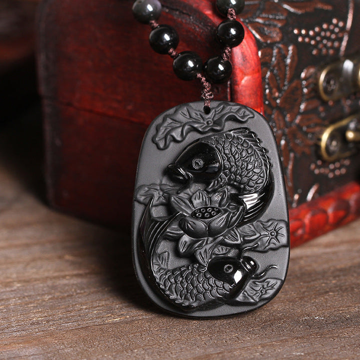Obsidian Pendant Kette Koi Lotus Schutz