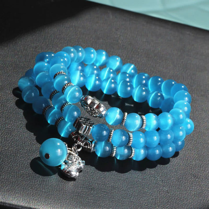 Blaues Katzenauge Armband PiXiu Dreifach elastisch Naturstein Perlen