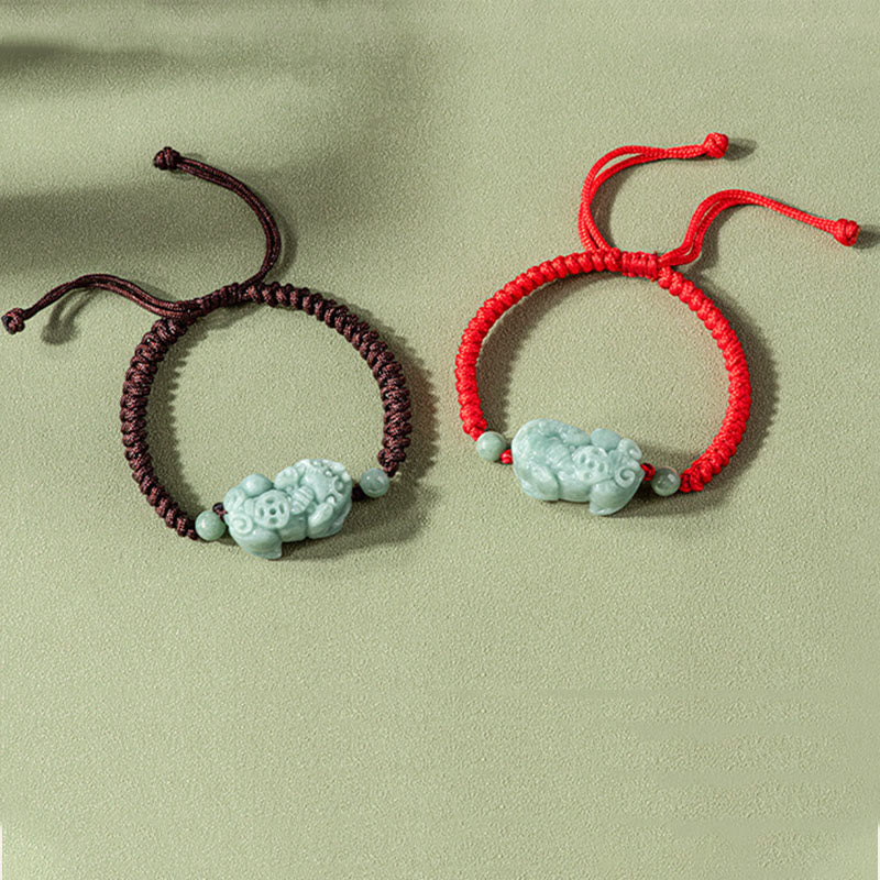 Jade Pixiu Armband Schutz elastisch rot braun Naturstein Handgelenk.