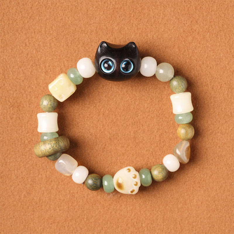 Armband Sandelholz Bodhi Katze mit weißen und grünen Perlen Frieden