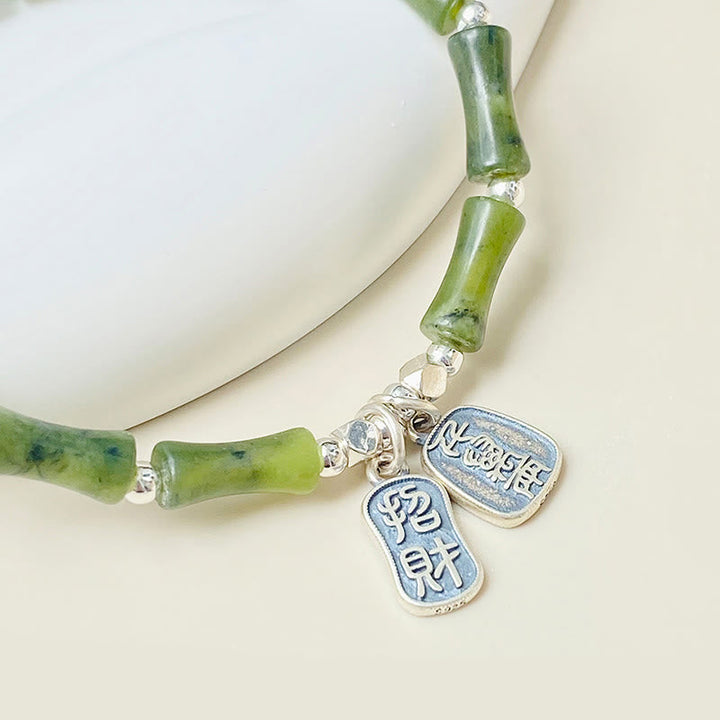 Grünes Jade Armband 925 Silber mit Fu-Zeichen Glück und Fülle Anhänger.