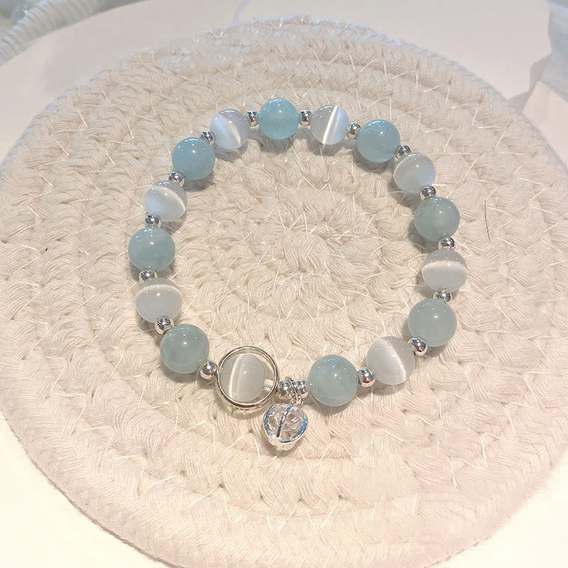 Aquamarin Katze Armband 925 Silber Perlen Naturstein elastisch Display